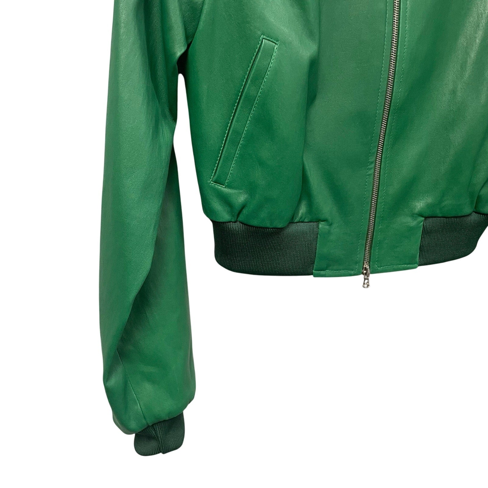 NWT Susan Bender Stretch Leather Stripe Long Sleeve Bomber Jacket Forest Green 2