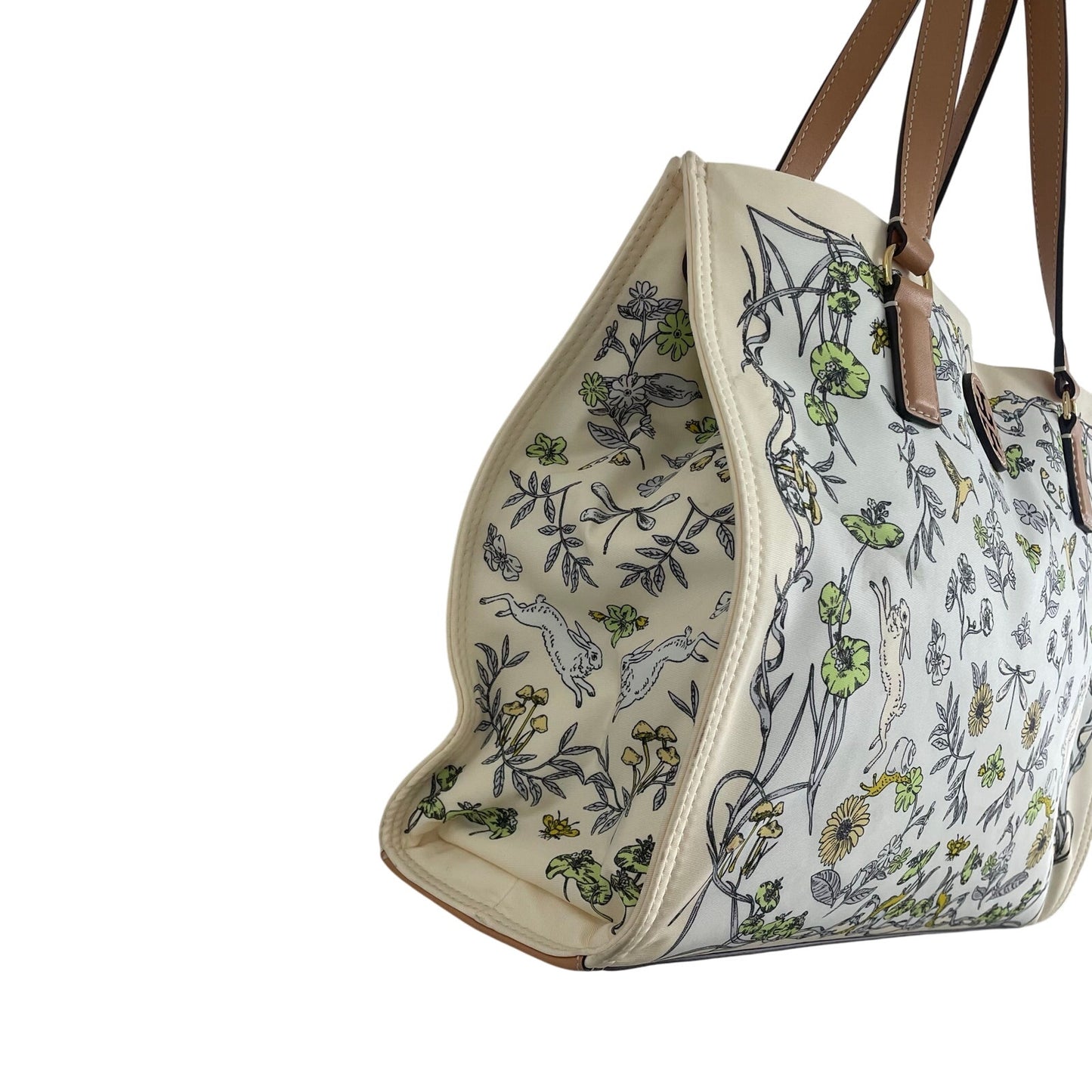 Tory Burch Nylon Ella Tote Bag Meadow Print Floral Rabbit Bird Nature Scene ASIS
