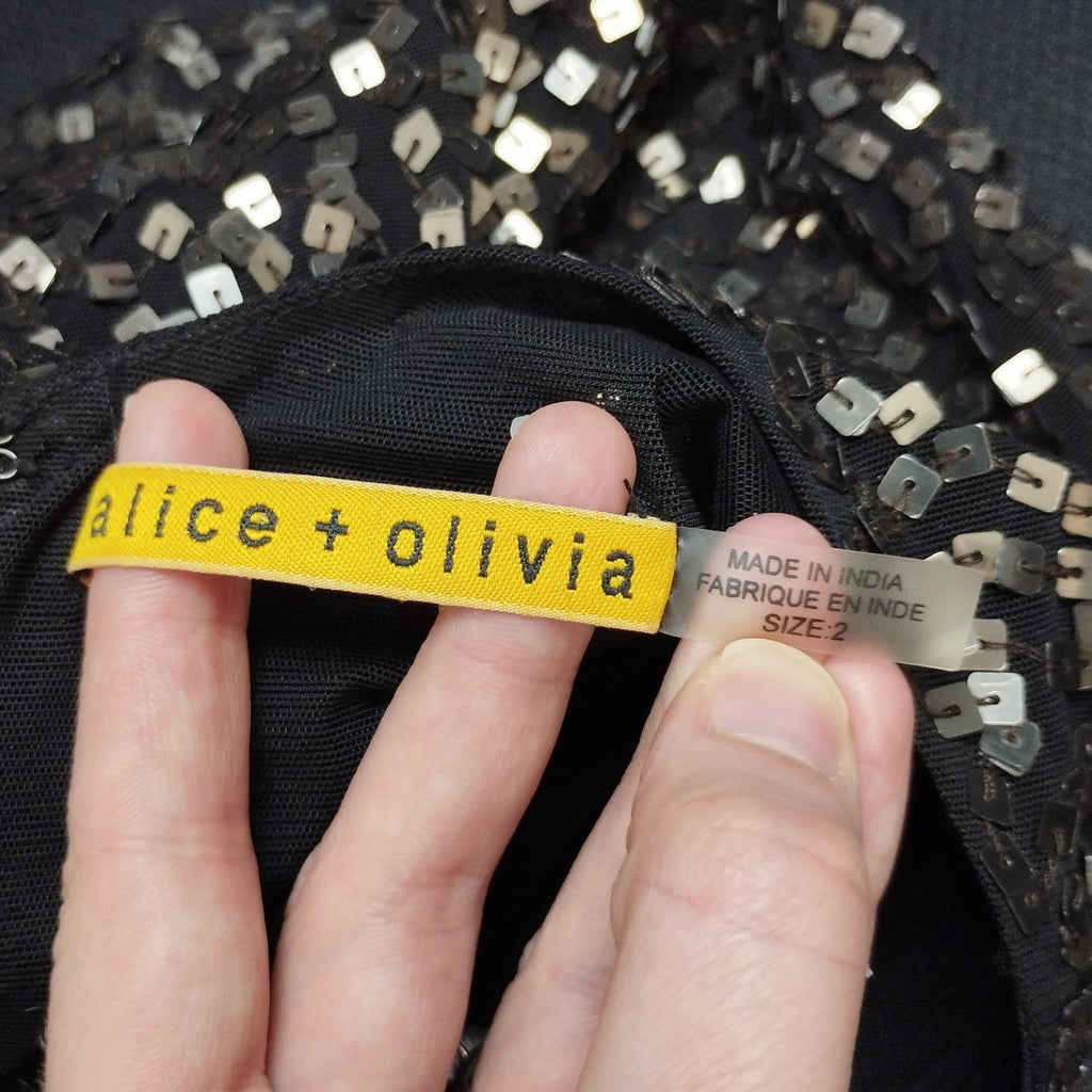 Alice + Olivia Women Open Back Sequin Dress 2 Black Cocktail Event Occasion Glam