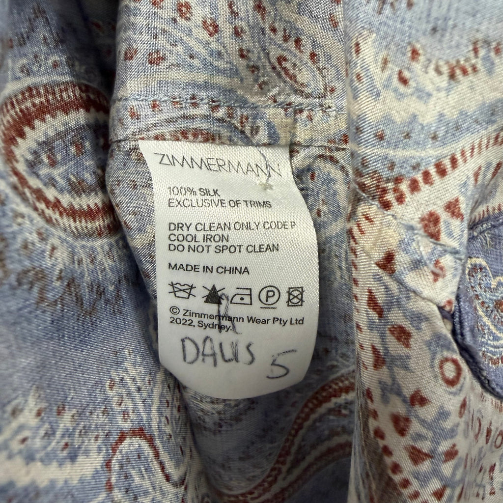 Zimmermann Vitali Relaxed Fit Blouse Button Up Blue Paisley Silk AU 2 / US 8