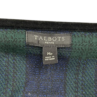NWT Talbots Navy Green Metallic Plaid Print 3/4 Sleeve Top Womens Petite Medium