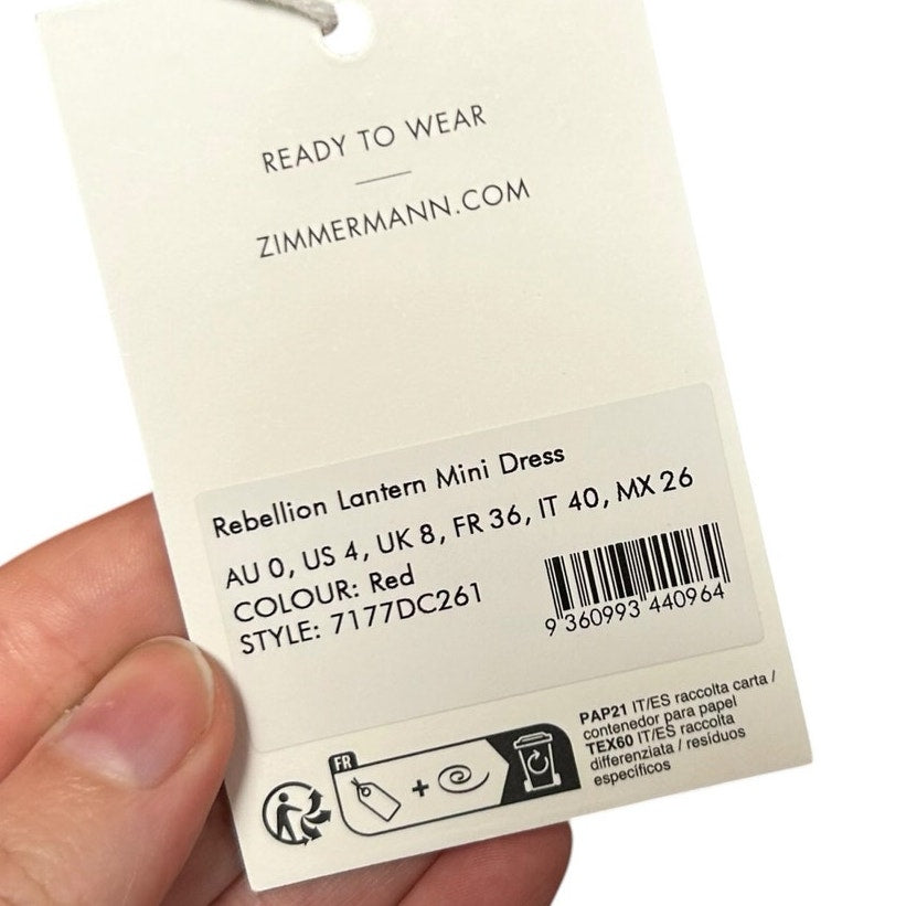 NWT Zimmermann Red Rebellion Lantern Silk Organza Mini Dress Womens US 4