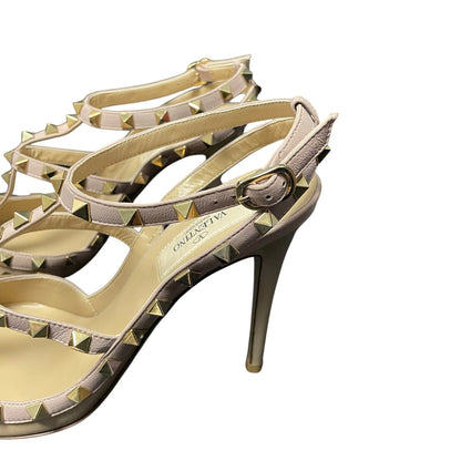 Valentino Garavani Rockstud T Strap Pointed Toe Blush Leather Heels 40 / US 10