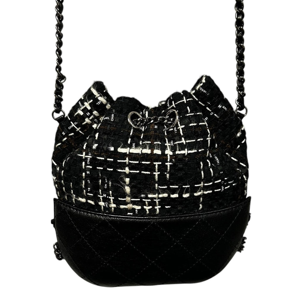 Chanel Gabrielle Black & White Tweed Leather Drawstring Bucket Bag