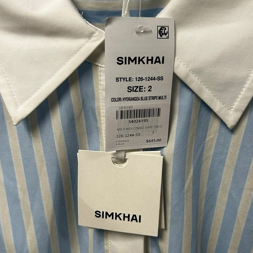 NWT Simkhai Hydrangea Blue White Stripe Belted Midi Shirt Dress Womens 2