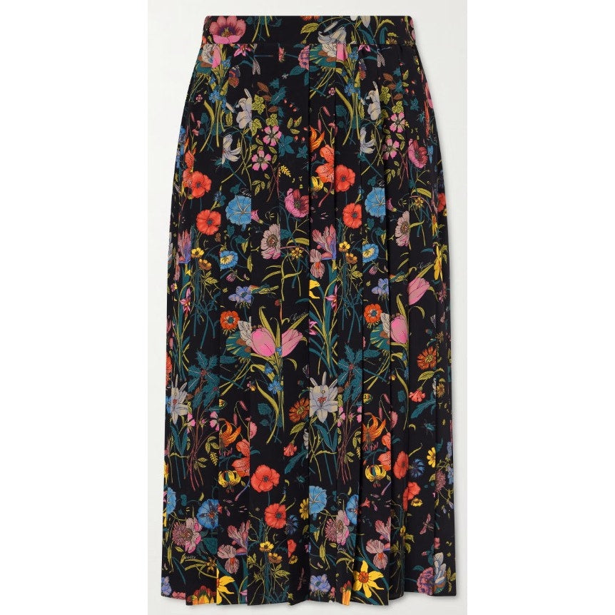 NWT Gucci Silk Pleated Midi Skirt Macro Floral Black Multi Size IT 36 / US 0
