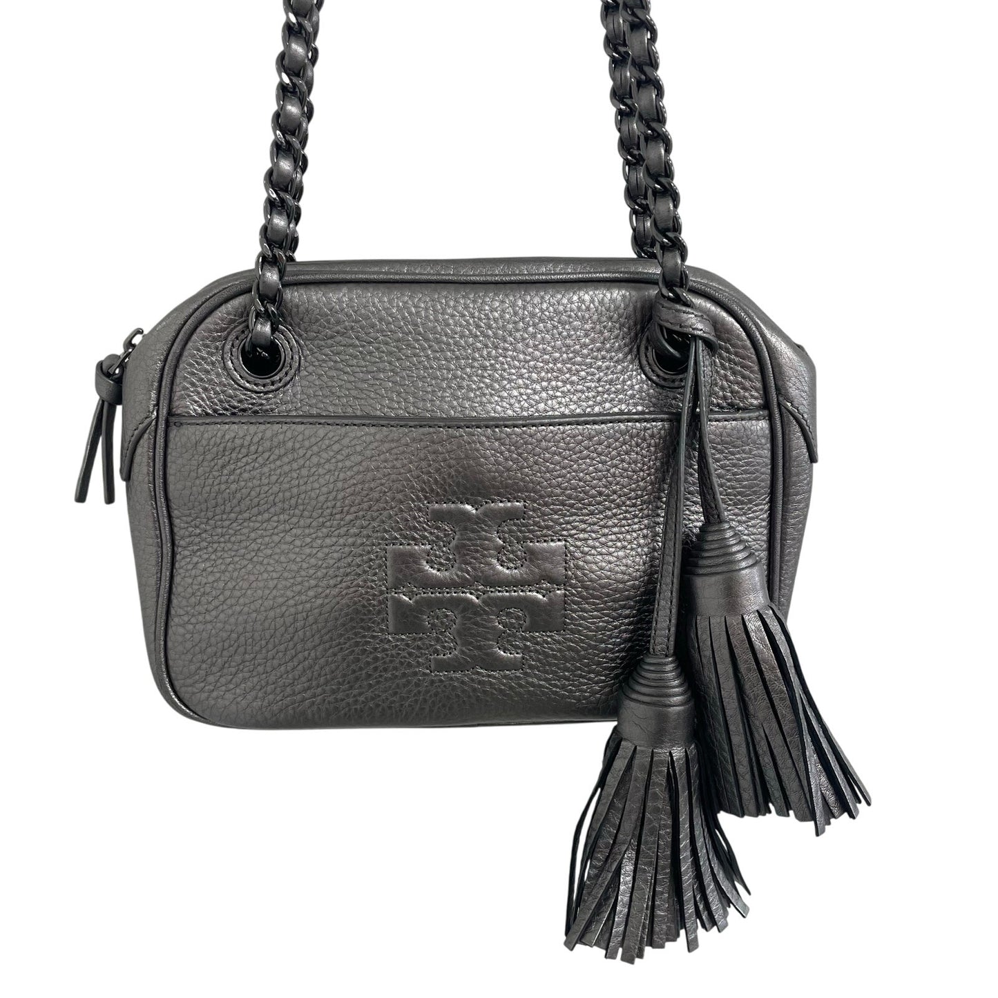 Tory Burch Thea Chain Convertible Crossbody Handbag Gunmetal Metallic Leather