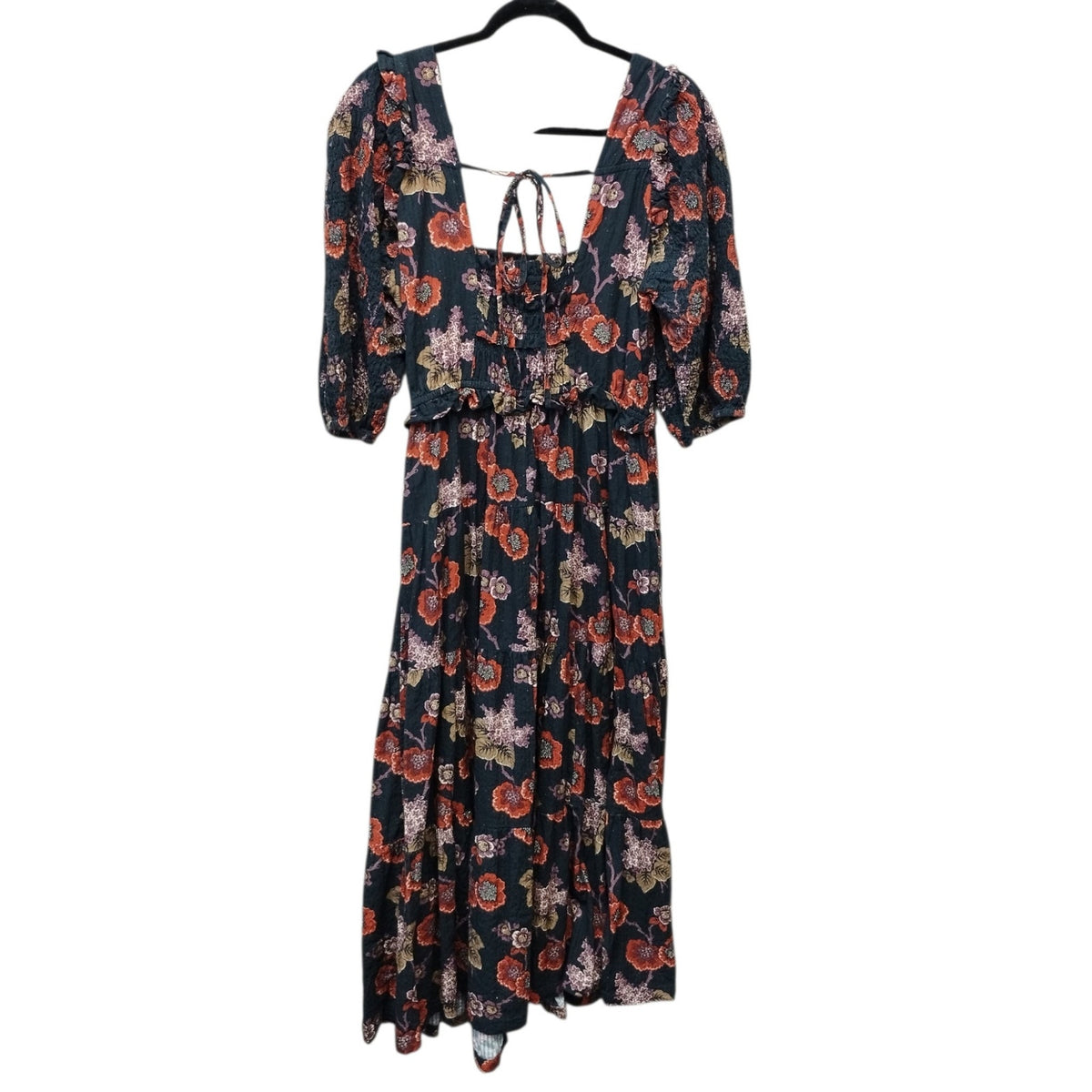 Sea New York Lucinda Smocked Puff Sleeve Maxi Dress Large Floral Tiered Pockets