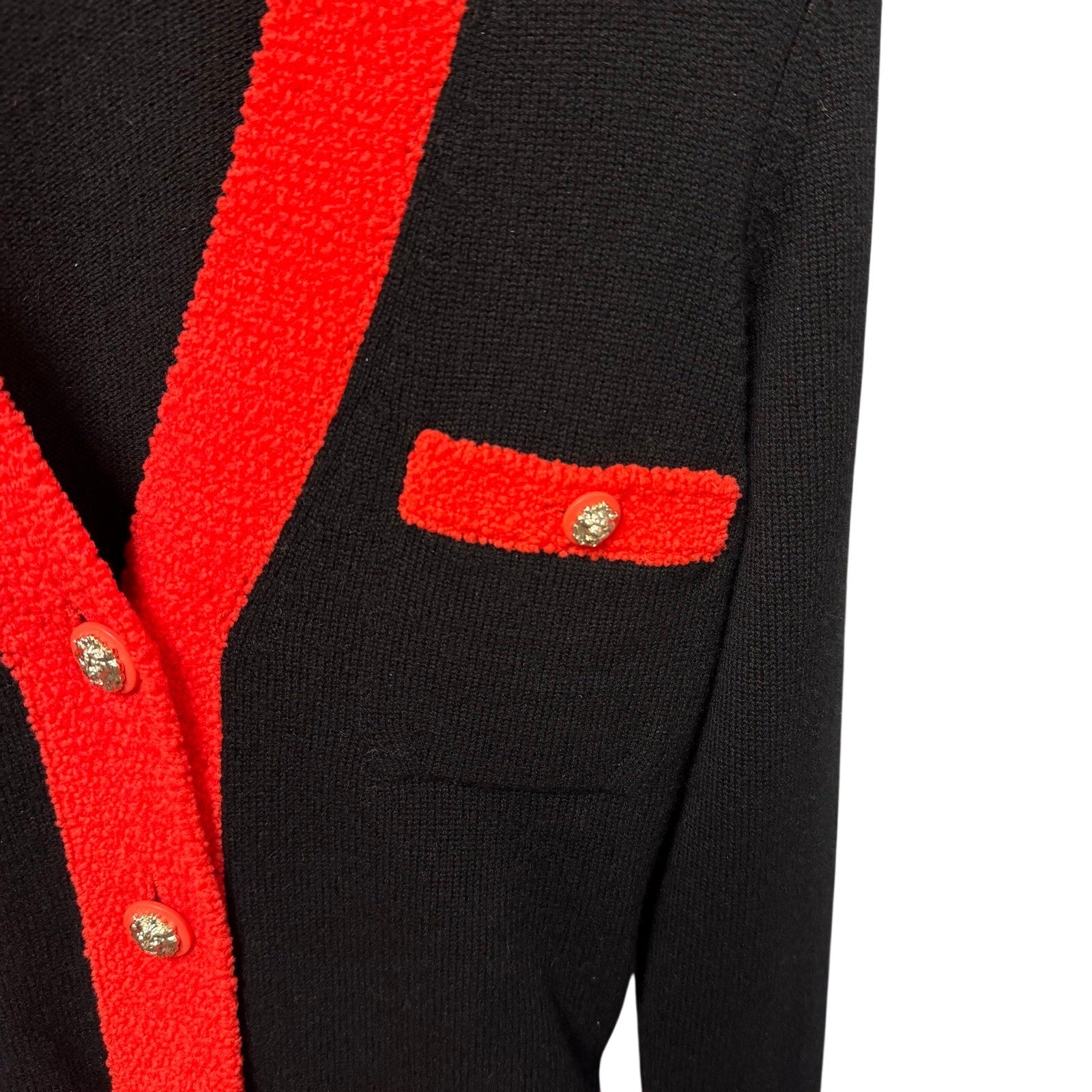 Chanel 2019 Cashmere Wool Button Up Cardigan Black Red Lion Buttons FR 36 / US 4