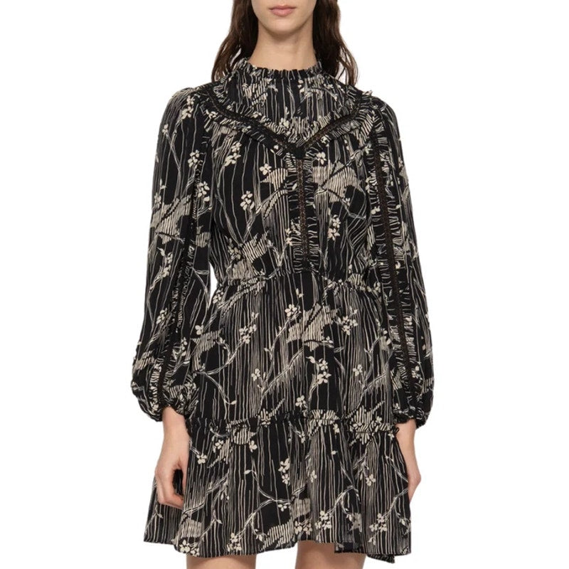 Sea New York Sunniva Mini Dress Black Beige Floral Print Size XS Boho Neutral