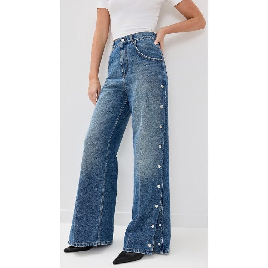 Stella McCartney Studded Snap Blue Denim Loose Bootcut Jeans Womens Size 24