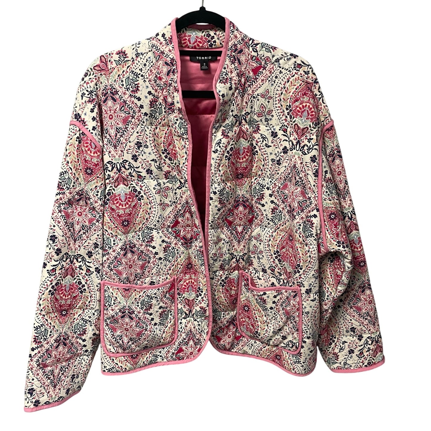 Torrid Open Front Challis Quilted Jacket Pink Floral Paisley Print Womens 2X