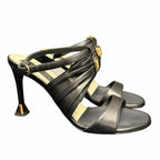 Chanel Black Leather Sandal Heel Gold CC Logo / Heel Caps Womens 39.5 / US 8.5