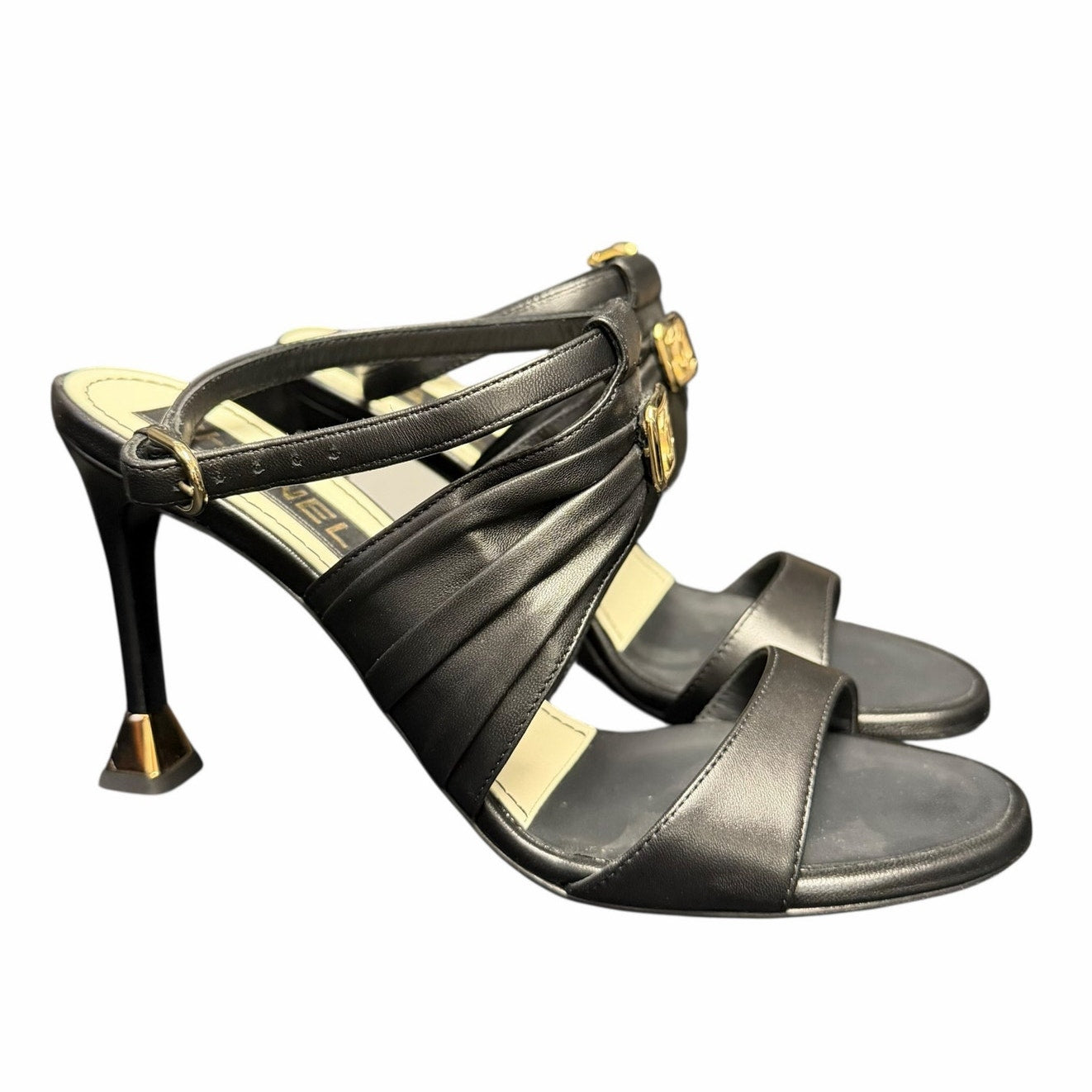 Chanel Black Leather Sandal Heel Gold CC Logo / Heel Caps Womens 39.5 / US 8.5