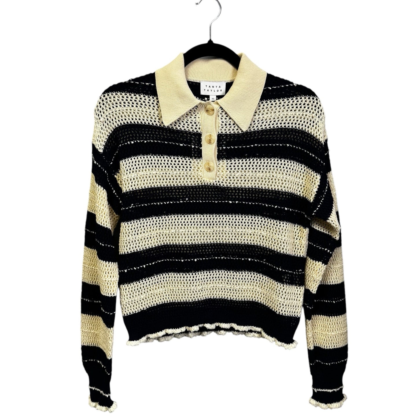NWT Tanya Taylor Ivory Navy Long Sleeve Quinn Cotton Knit Sweater Womens X-Small