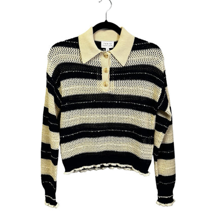 NWT Tanya Taylor Ivory Navy Long Sleeve Quinn Cotton Knit Sweater Womens X-Small