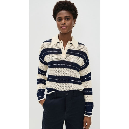 NWT Tanya Taylor Ivory Navy Long Sleeve Quinn Cotton Knit Sweater Womens X-Small