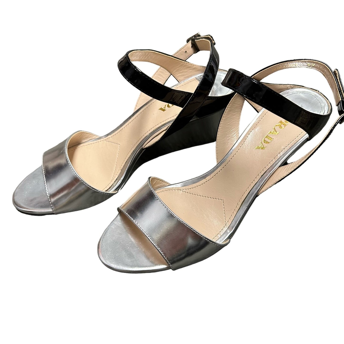 Prada Metallic Silver & Black Slingback Adjustable Wedge Sandal 39 / US 9