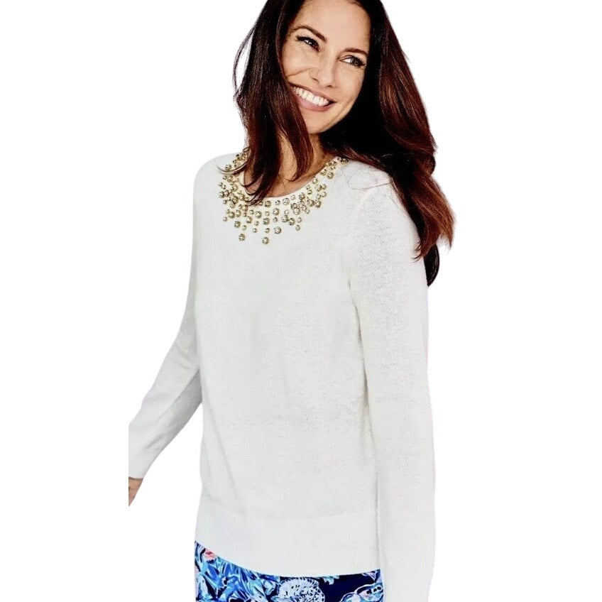 NWT Lilly Pulitzer Bejeweled Odetta Sweater in Coconut Off White Womens Small