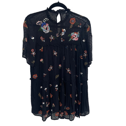 Zara Woman Mesh Dot Black Floral Embroidered Short Sleeve Dress Size Medium