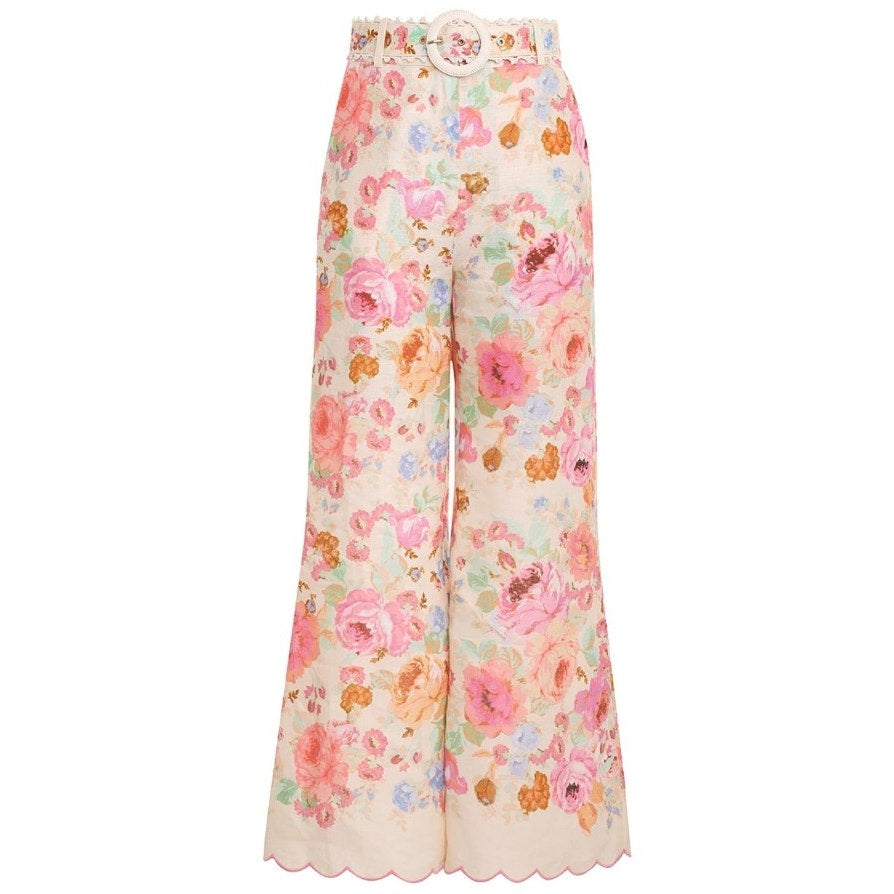 NWT Zimmermann Pure Linen Raie Crop Flare Pant Pink Multi Floral Womens US 4