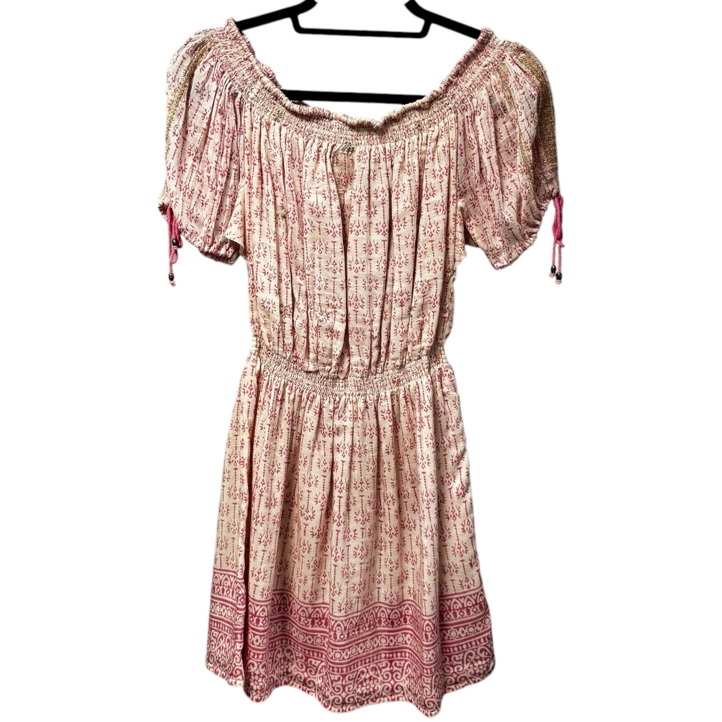 Alicia Bell Pink Ivory Short Puff Sleeve Smocked Cotton Mini Dress Womens Small