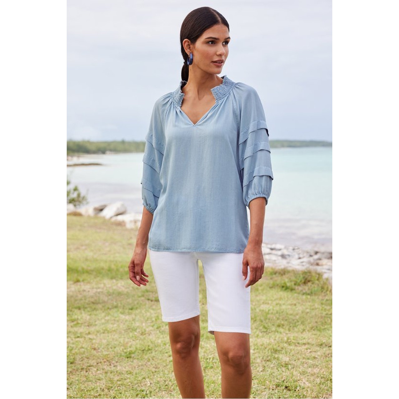 NWT Soft Surroundings Light Chambray 3/4 Sleeve Marisol Tencel Top Womens XL