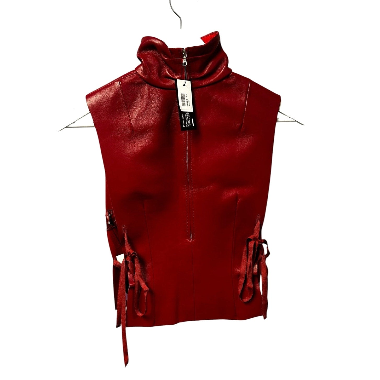 NWT Dries Van Noten Red Larma Sleeveless Leather Mock Neck Top Womens 34 / US 2