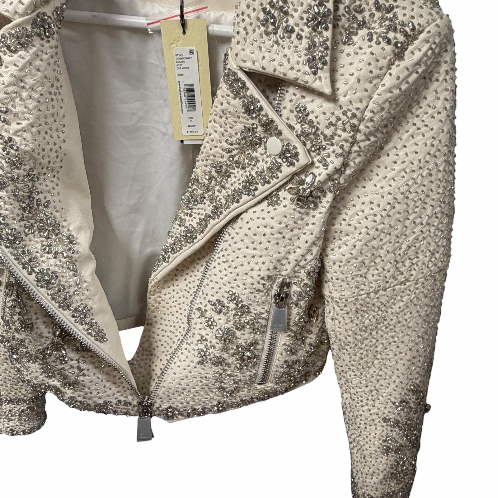 NWT Alice + Olivia Avril Embellished Vegan Moto Jacket Off White Womens Small