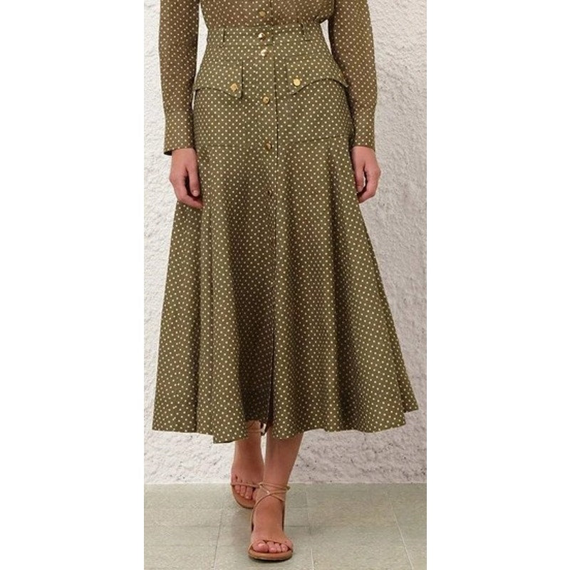 NWT Zimmermann Luna Cargo Midi Skirt Olive Dot Pure Linen Size AU 0 / US 4