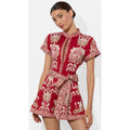 NWT Alice + Olivia Lucy Button Down Romper Serenade Dark Cherry Tie Waist Size 2