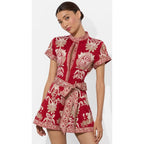 NWT Alice + Olivia Lucy Button Down Romper Serenade Dark Cherry Tie Waist Size 2