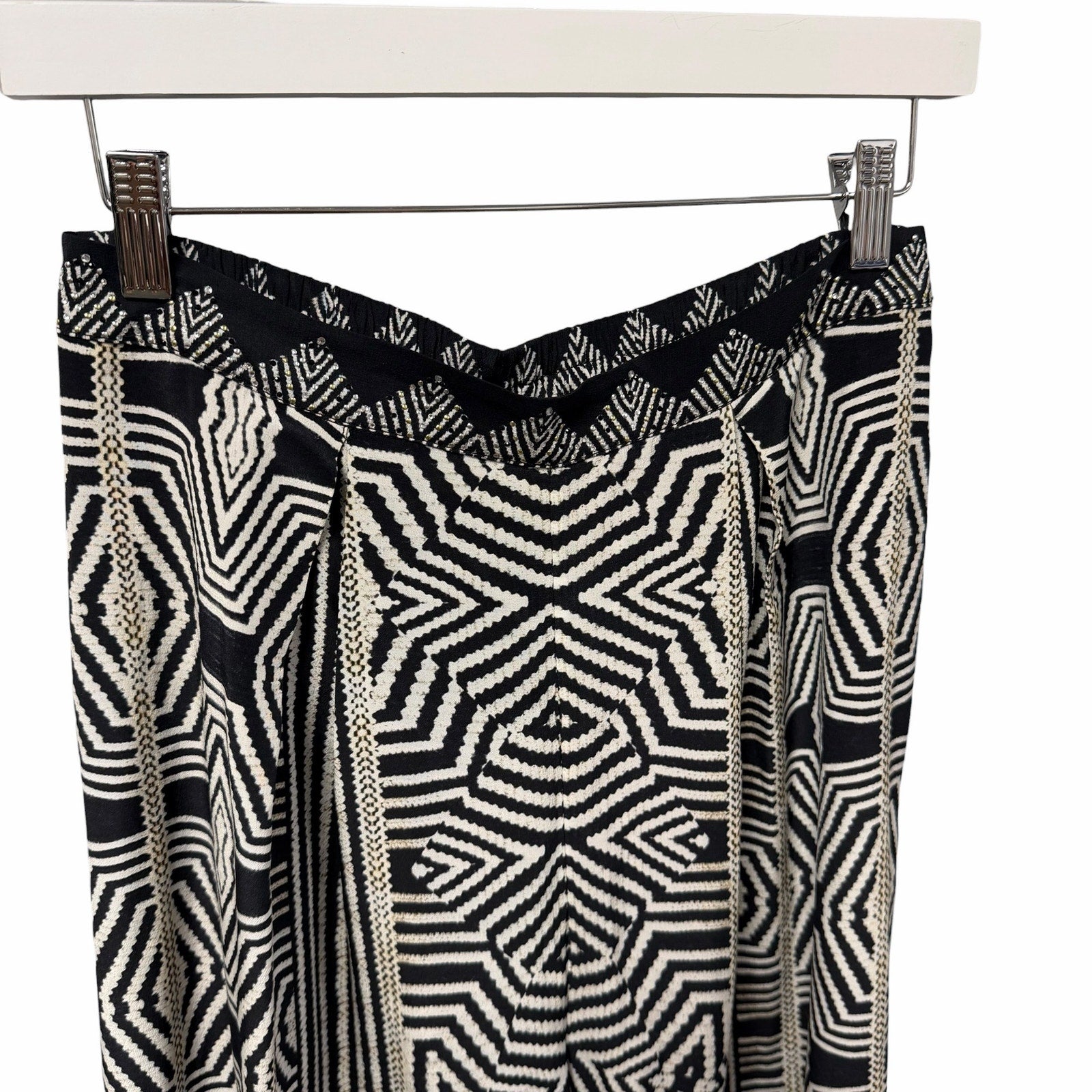 NWT Camilla Pure Silk Tuck Front Pant White Black Geo Print Embellished Small