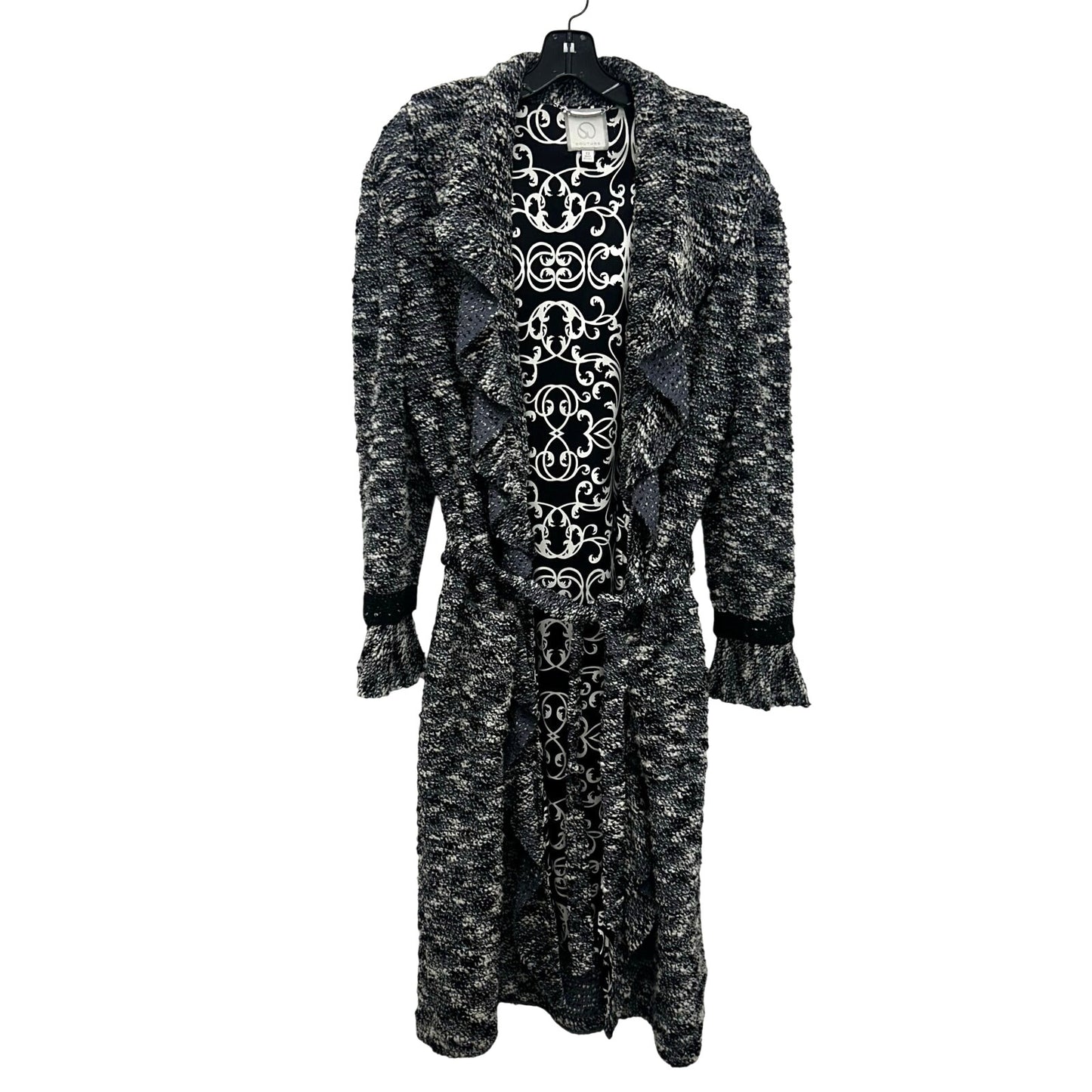 St. John Couture Grey White Black Belted Textured Long Coat Womens 12
