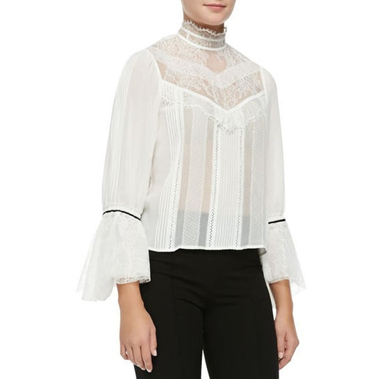 NWT Alice + Olivia Brett Victorian Sleeve Trumpet Neck Blouse Cream Womens Small