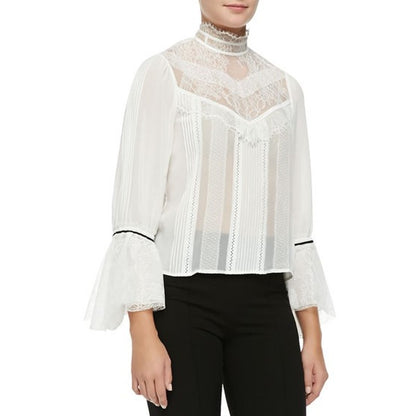 NWT Alice + Olivia Brett Victorian Sleeve Trumpet Neck Blouse Cream Womens Small