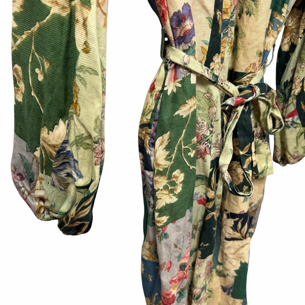 Alemais Loretta Patchwork Dress Green Multi Floral Pure Linen Size AU 12 / US 8