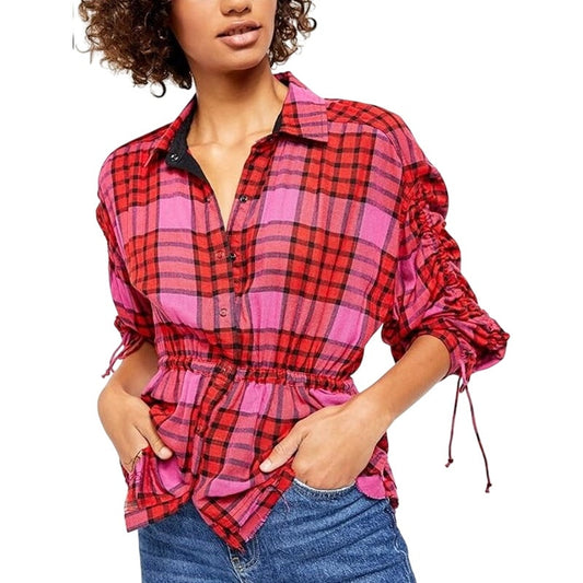 NWT Free People Red Pink Plaid Drawstring Sleeve Button Down Top Womens X-Small