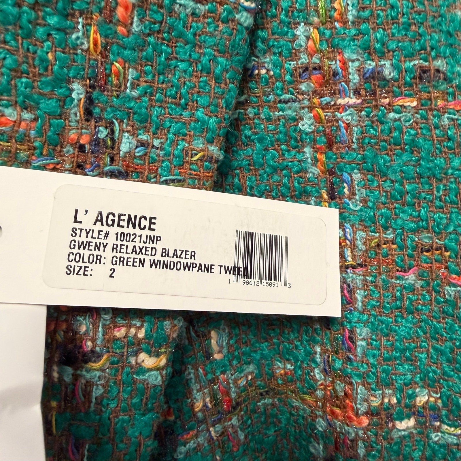 NWT L'Agence Gweny Relaxed Blazer Jacket Green Windowpane Tweed Womens 2