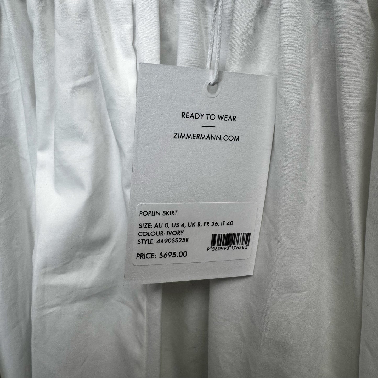 NWT Zimmermann Ivory Ribbed Mid Rise Cotton Gathered Poplin Midi Skirt Womens 4