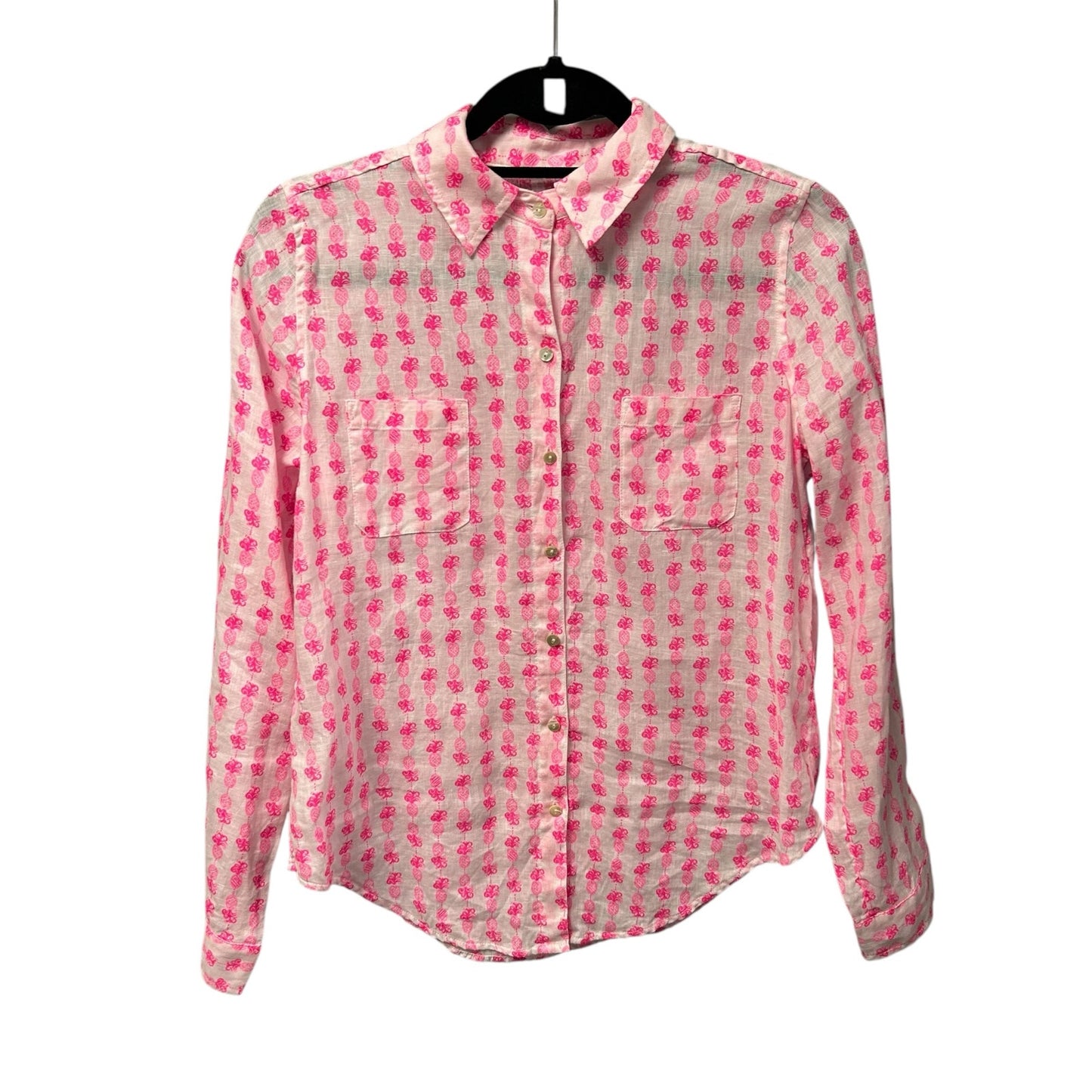 Lilly Pulitzer White Pink Pineapple Sea View Linen Button Down Top Womens XS