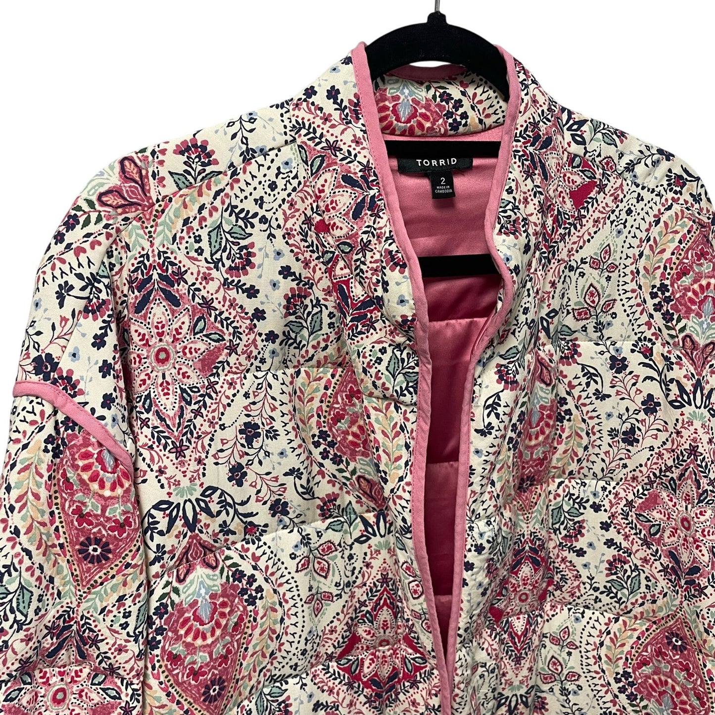 Torrid Open Front Challis Quilted Jacket Pink Floral Paisley Print Womens 2X