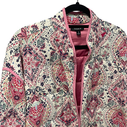 Torrid Open Front Challis Quilted Jacket Pink Floral Paisley Print Womens 2X