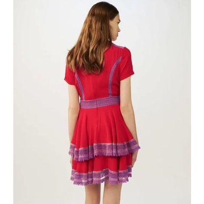 Maje Red Purple Lace Short Sleeve Raglia Flounce Tiered Mini Dress Womens 1