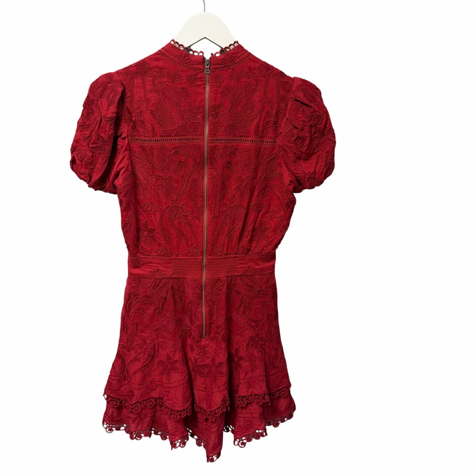 NWT Alice + Olivia Loryn Embroidered Short Sleeve Mini Dress Dark Cherry Size 4
