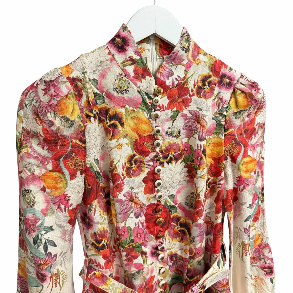 Zimmermann Wonderland Belted Floral Print Linen Mini Dress Size AU 0 / US 4