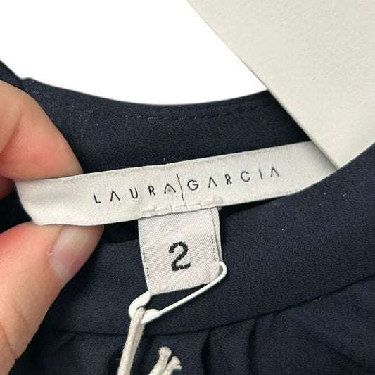 NWT Laura Garcia Navy Blue Short Sleeve Ruffle Betty Blouse Womens 2