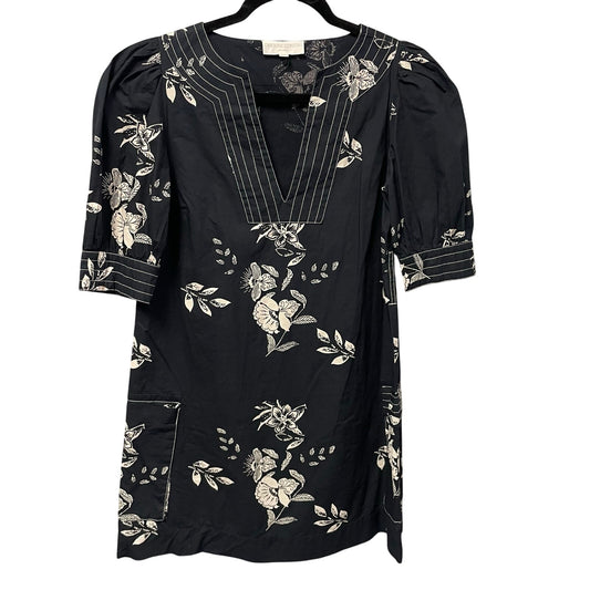 Caroline Constas Split Neck Short Sleeve Black White Floral Print Mini Dress XS