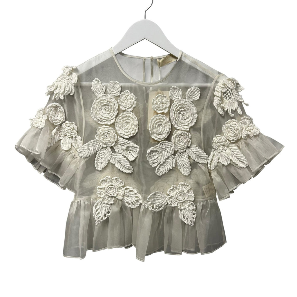 NWT Ulla Johnson Handmade Pearled Ivory Crochet Aliya Organza Blouse Womens 2