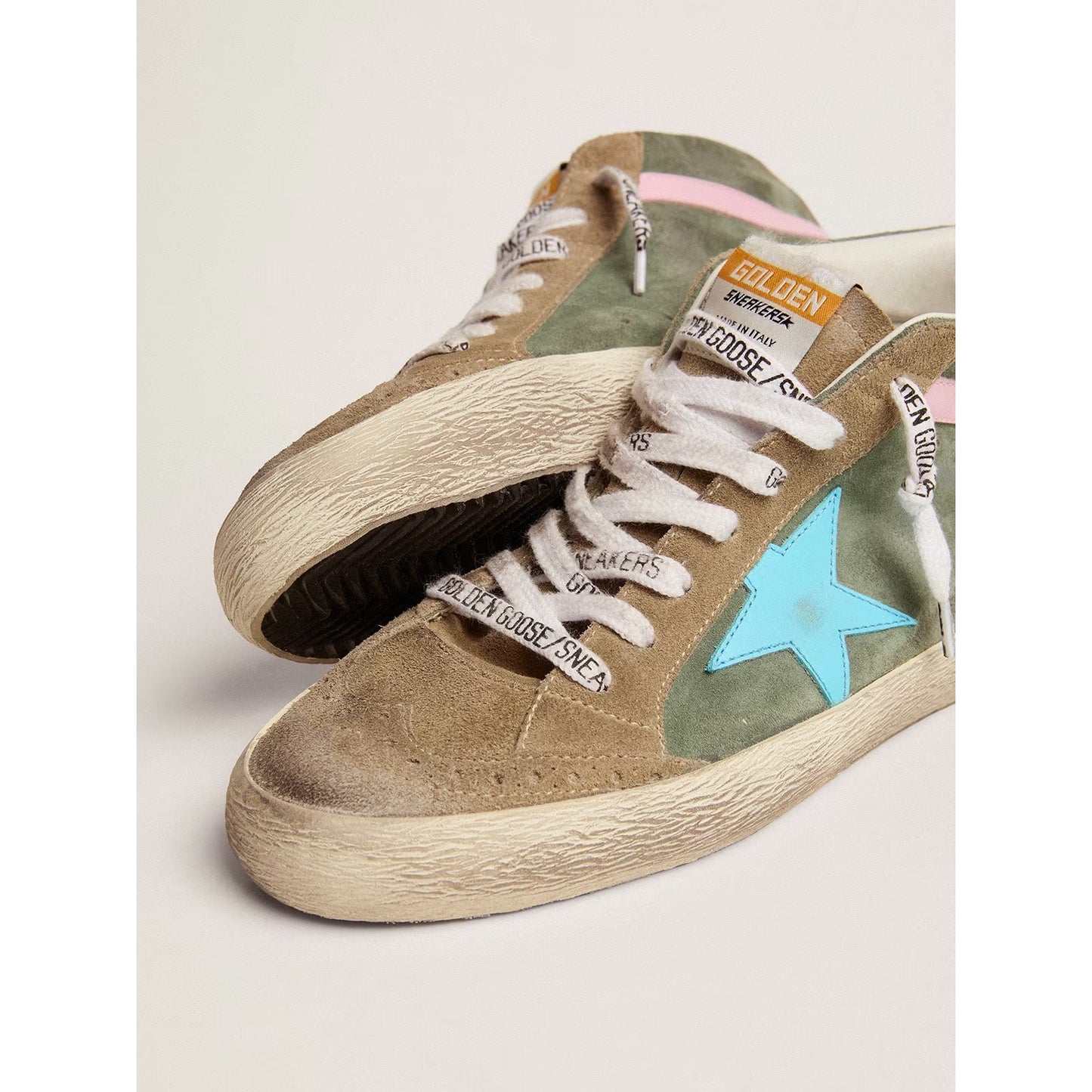 Golden Goose Mid Star Green Tan Suede Blue Star Lace Up Sneakers Womens 39 / 9